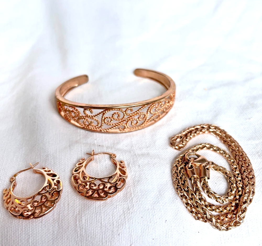 BBJ and JZ Copper Filigree Jewelry Set Bracelet Earrings 18" Necklace